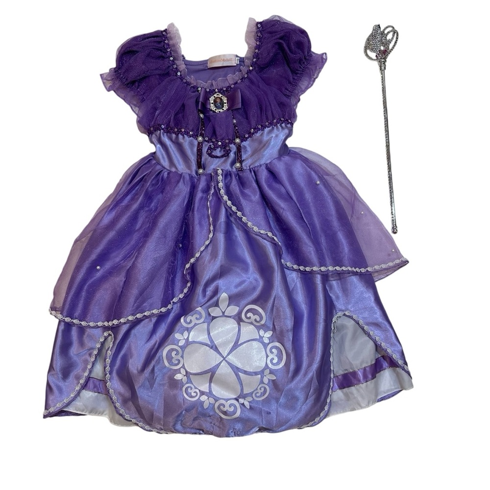 Girls Princess Sofia Costume Dress Up Dress, Purple, Size 130cm (7-8) + wand
